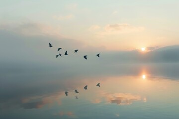 Obraz premium Tranquil Morning Flight - Birds Soaring Over Calm Lake at Sunrise with Reflections on Water
