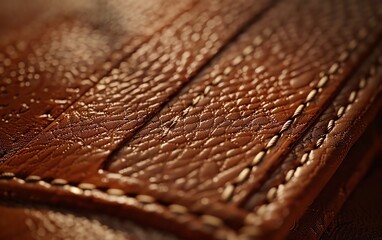 Produce a close-up image of a luxurious leather wallet, highlighting its fine craftsmanship and intricate stitching with photorealistic digital rendering