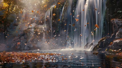 Naklejka premium Autumn Serenity: Forest Waterfall with Floating Fallen Leaves