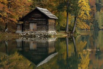 Fototapeta premium Serene Lakeside Cabin Reflections: A Rustic Retreat by the Water's Edge