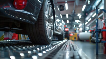Cars are checked for alignment on the alignment rack in the auto repair shop. which emphasizes the accuracy of car maintenance.