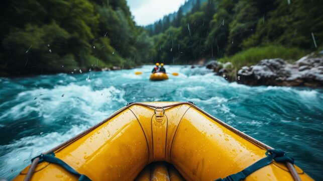 Rafting adventure from a first person perspective, rubber boat leading into a rough stream, raw and vivid, capturing the thrill of the rapids