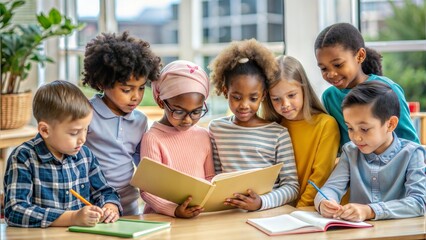 Fototapeta premium Group of Diverse Children Studying Together: A group of diverse children studying together, promoting diversity and education. 