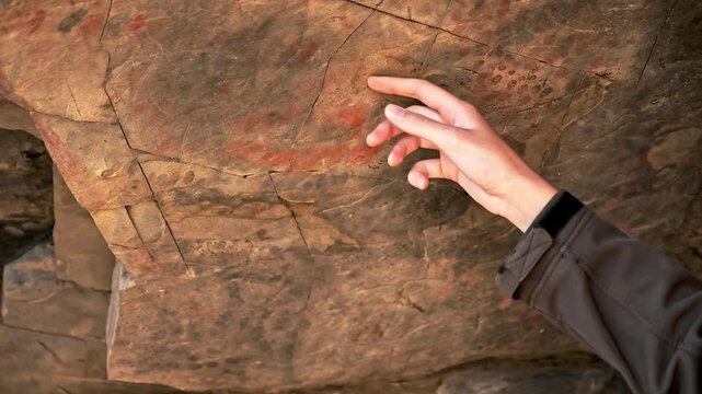 A tour guide points to rock art in South Africa