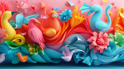 A dynamic abstract 3D background with bold, colorful Japanese origami shapes, including flowers and animals, arranged in a captivating and intricate layout