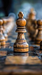 Black chess pieces stand out prominently on the chessboard. It is a symbol of strategic management and leadership
