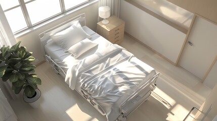 Produce a high-angle view of a modern hospital room with a comforting, serene atmosphere, focusing on a neatly made hospital bed with soft, inviting linens