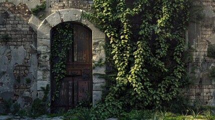 A Medieval wall with an ancient door covered in plant a concept of despair