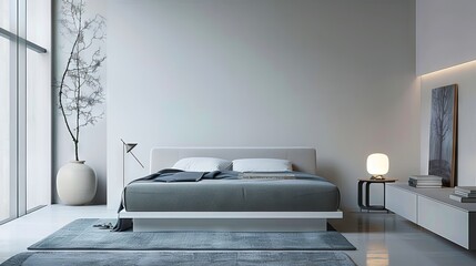 Fototapeta premium A modern bedroom with white walls and furniture.