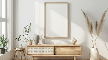 Mock up poster frame in a modern Scandinavian  style living room interior,  3D render and illustration.