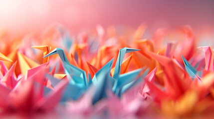 A vibrant abstract 3D background inspired by Japanese origami, featuring intricately folded cranes and geometric patterns in rich, traditional colors, evoking a sense of cultural elegance