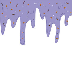 Melted purple ice cream with colorful cute candies sprinkles long border, seamless banner pattern, vector white background for you