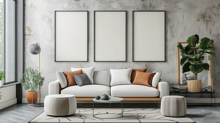 Mock up poster frame in a modern Scandinavian  style living room interior,  3D render and illustration.