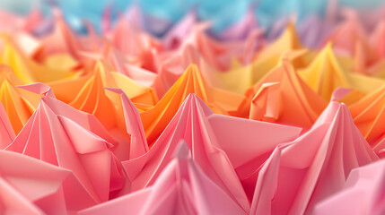 A vibrant abstract 3D background inspired by Japanese origami, featuring intricately folded cranes and geometric patterns in rich, traditional colors, evoking a sense of cultural elegance