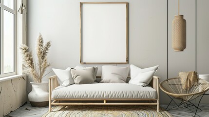 Mock up poster frame in a modern Scandinavian  style living room interior,  3D render and illustration.