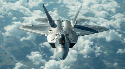 Stealthy military fighter jet flying through the sky, showcasing modern design and advanced technology, raw texture, high detail