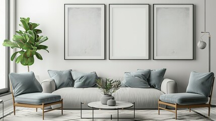 Mock up poster frame in a modern Scandinavian  style living room interior,  3D render and illustration.