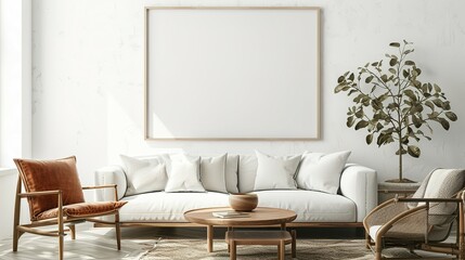 Mock up poster frame in a modern Scandinavian  style living room interior,  3D render and illustration.