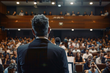 Businessman delivering a speech in front of a large audience at a conference hall. Speaker at a corporate or political event