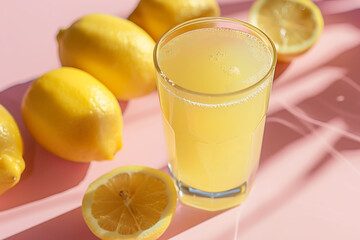Fototapeta premium A refreshing lemon juice with a lemon slice in a clear glass. The vibrant yellow color of the juice and the fruit slices creates a fresh and healthy visual appeal and a nutritious aspect of the drink.