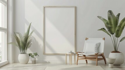 Mock up poster frame in a modern Scandinavian  style living room interior,  3D render and illustration.