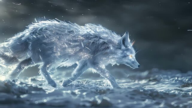A fox made entirely of ice and snow glides through the frozen landscape its glittering silver fur reflecting the moonlight and casting an enchanting glow.