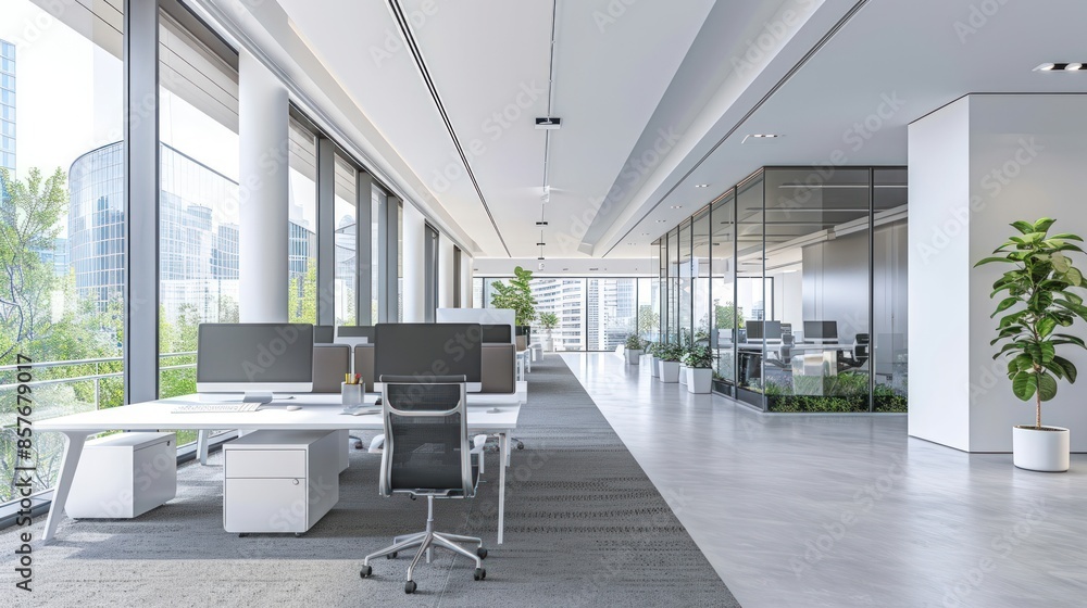 Aufkleber a large open office space with many desks and chairs. generate ai image