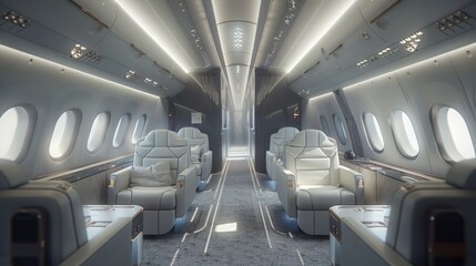 Fototapeta premium Passenger aircraft cabin with luxurious and comfortable business class seats.