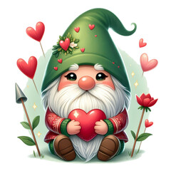Adorable garden gnome with a green hat, holding a heart, surrounded by flowers and heart-shaped decorations, symbolizing love and affection.