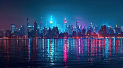 A city skyline is reflected in the water. Generate AI image