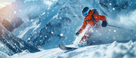 Man, active sport lover, snowboarder in motion over snowy mountains background. Tourism and travel. Concept of winter sport.generative ai