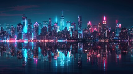 A city skyline is reflected in the water. Generate AI image