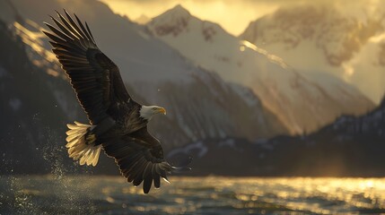 Bald eagle soaring over Alaska Bay near Homer.