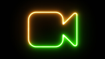 Neon Video camera icon on black background. Video camera.