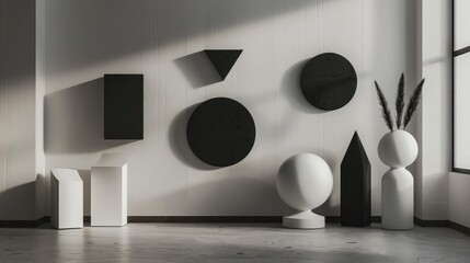 A minimalistic wall decoration featuring geometric shapes in a monochrome palette, styled in a contemporary home setting.