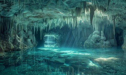 A breathtaking view of a submerged cave with crystal-clear water and stalactites hanging from the ceiling, creating a mysterious and enchanting atmosphere