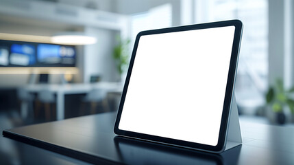 digital tablet with a blank white screen, on a sleek, reflective surface in a modern, slightly blurred office environment, The background is soft-focused with blue and green elements