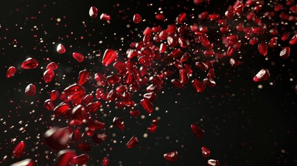 Red pomegranate seeds flying on black background