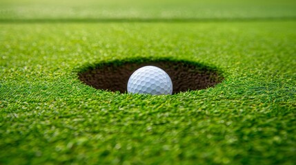 Golf ball on the edge of the hole, detailed close-up on putting green, raw and sharp, capturing the moment