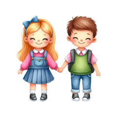 Adorable cartoon illustration of a boy and girl holding hands, dressed in school attire, with cheerful expressions and colorful outfits.