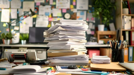 Conceptual image of a large stack of document papers on a cluttered desk, surrounded by office supplies, illustrating a hectic and busy workday