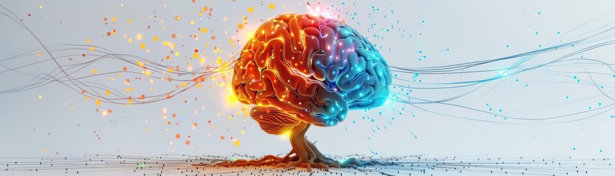 Brain model exploding into vibrant particles