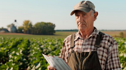 Farmer Inspecting Crops with Notebook in Field