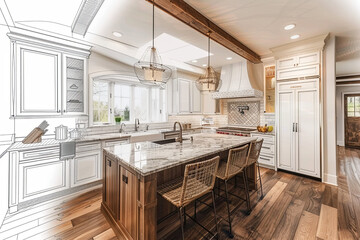 Fototapeta premium Stylish kitchen interior with modern furniture, combining photo and sketch elements