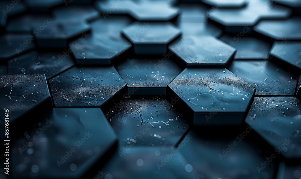 Poster futuristic 3d geometric structure in dark tech setting with minimal design and hexagonal forms, high