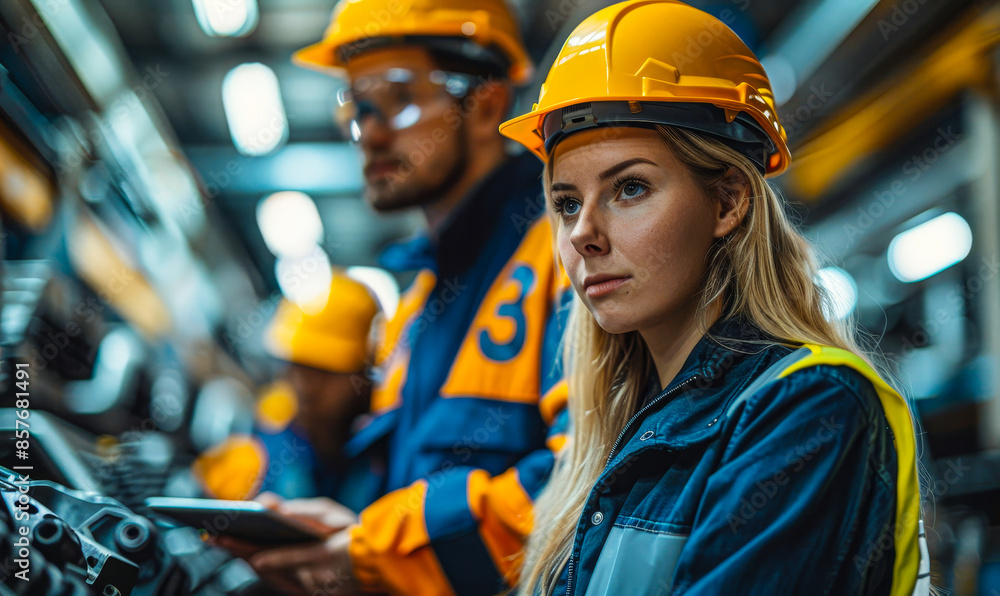 Poster female project manager and chief engineer discuss engine design using tablet computer in modern indu