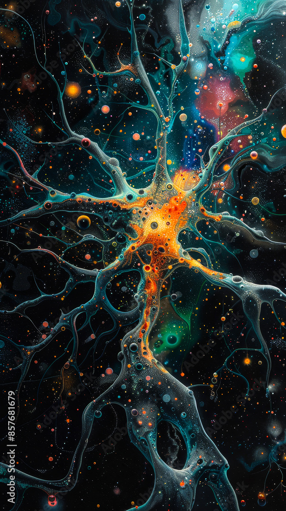 Poster vivid close-up of neuron with intricate dendrites intertwining - neural connections and synapses in 