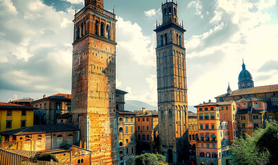 Obraz premium Historic Iconic Two Towers of Bologna Italy Architectural Landmark Bright Daytime Urban Scene