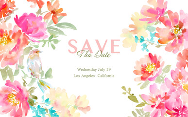 Abstract Watercolor Peonies, Plants, and Birds Wedding Invitation Vector Illustration