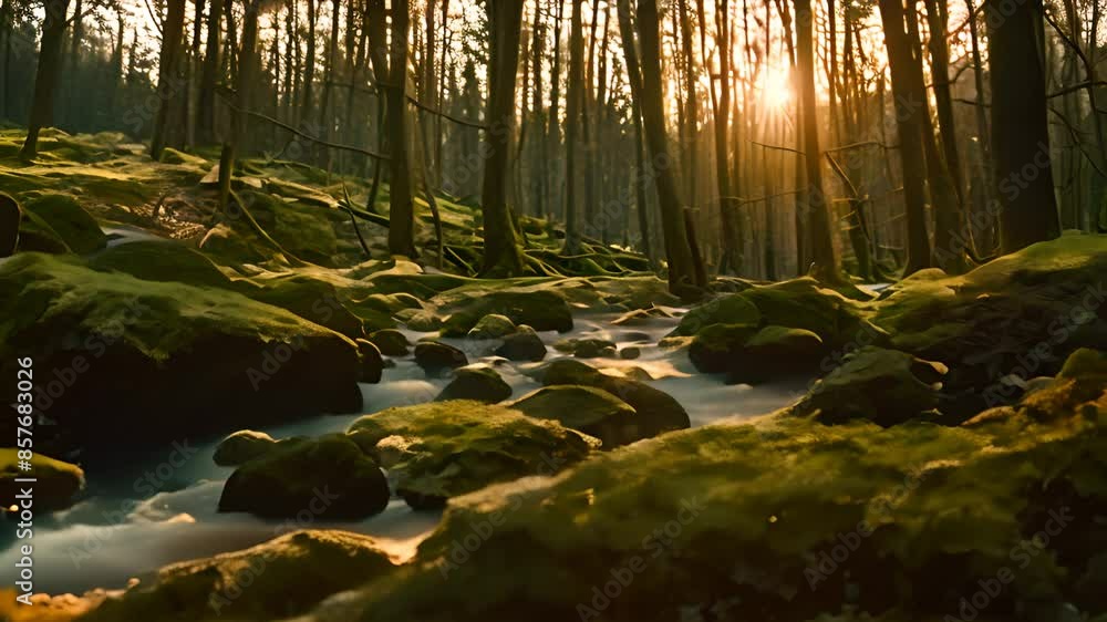 Poster sunlit stream in a mossy forest generative ai